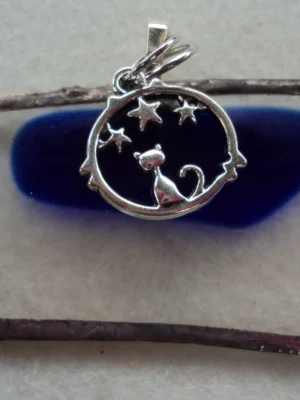 Pendentif en rectangle irrégulier en verre transparent avec un éclat bleu fondu. Monté en Tiffany. Une breloque en forme de chat, assis dans un ovale et surmonté de 3 étoiles, est assis