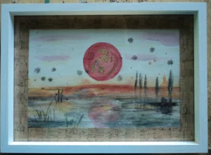 Aquarelle Soleil écrit sur le marécage