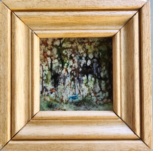 Tableau verre peint, sous-bois avec mare 
