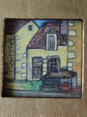 Miniature – Rue des Loges à Pouilly-sur-Loire (5x5 cm, tempéra sur toile, cadre doré)
