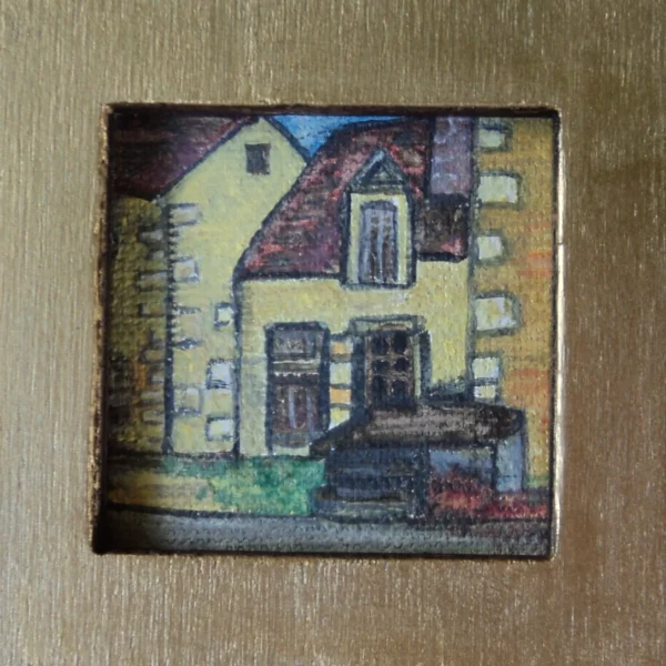 Miniature – Rue des Loges à Pouilly-sur-Loire (5x5 cm, tempéra sur toile, cadre doré)