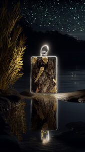 Grand Pan d’Argent – Pendentif en résine, ailes de Grand Paon de nuit et feuille d’or