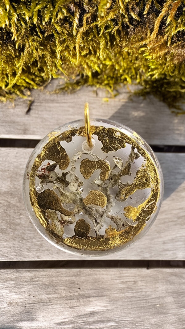 Orée de mousse, pendentif résine, feuille d'or et mousse gp Orée de Mousse – Pendentif circulaire en résine, mousse naturelle et feuille d’or